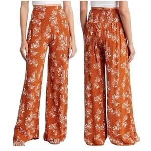 Three Dots  Orange Rust Floral Wide Elastic Waist Pants Pockets Size Small